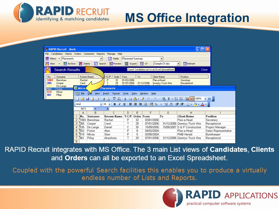 MS Office Integration RAPID Recruit integrates with MS Office.