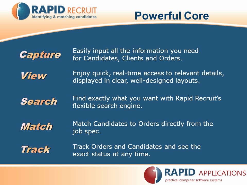 Powerful Core Easily input all the information you need for Candidates, Clients and Orders.