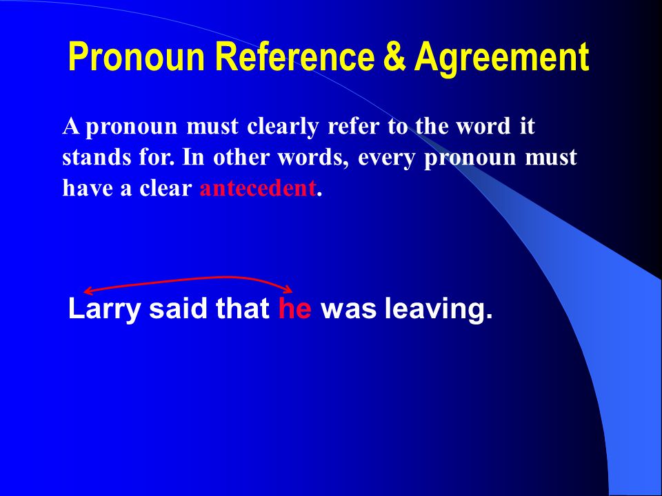 Pronoun Reference & Agreement A pronoun must clearly refer to the word it stands for.