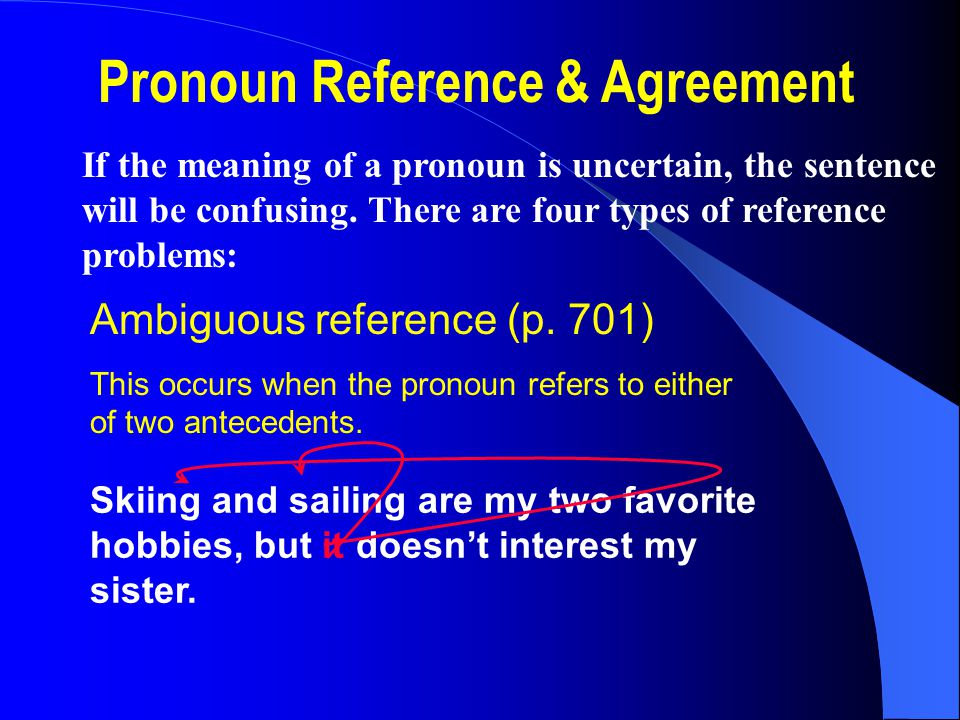 Pronoun Reference & Agreement If the meaning of a pronoun is uncertain, the sentence will be confusing.