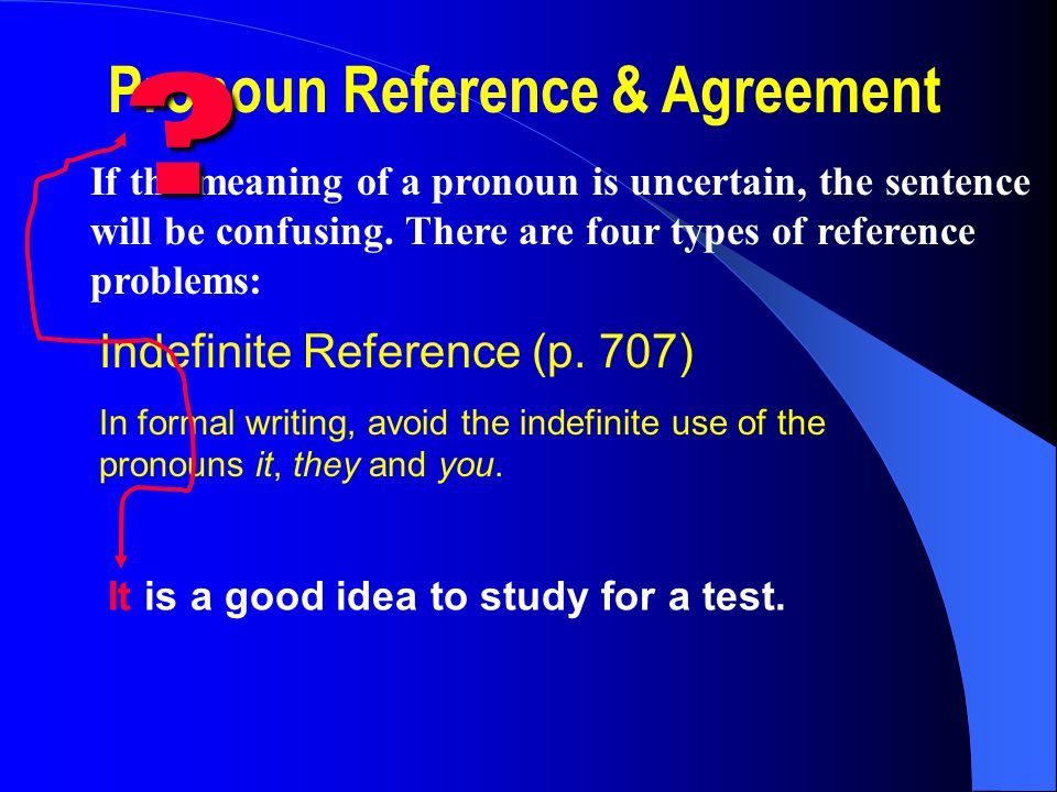 Pronoun Reference & Agreement If the meaning of a pronoun is uncertain, the sentence will be confusing.