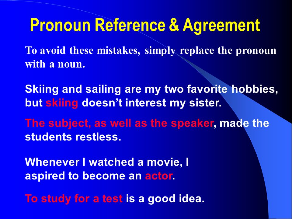 Pronoun Reference & Agreement To avoid these mistakes, simply replace the pronoun with a noun.
