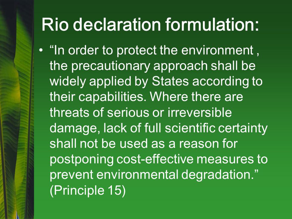 Rio declaration formulation: In order to protect the environment, the precautionary approach shall be widely applied by States according to their capabilities.