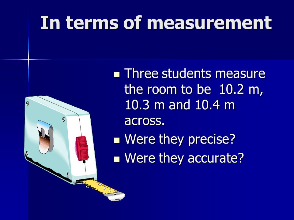 In terms of measurement Three students measure the room to be 10.2 m, 10.3 m and 10.4 m across.