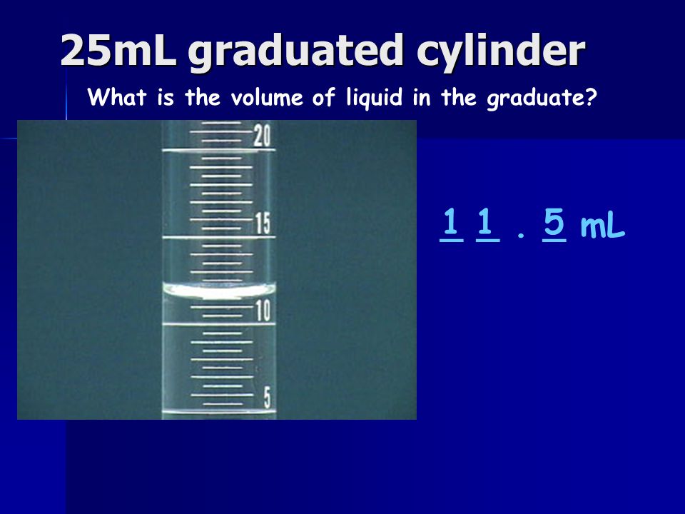 25mL graduated cylinder What is the volume of liquid in the graduate _ _. _ mL 115