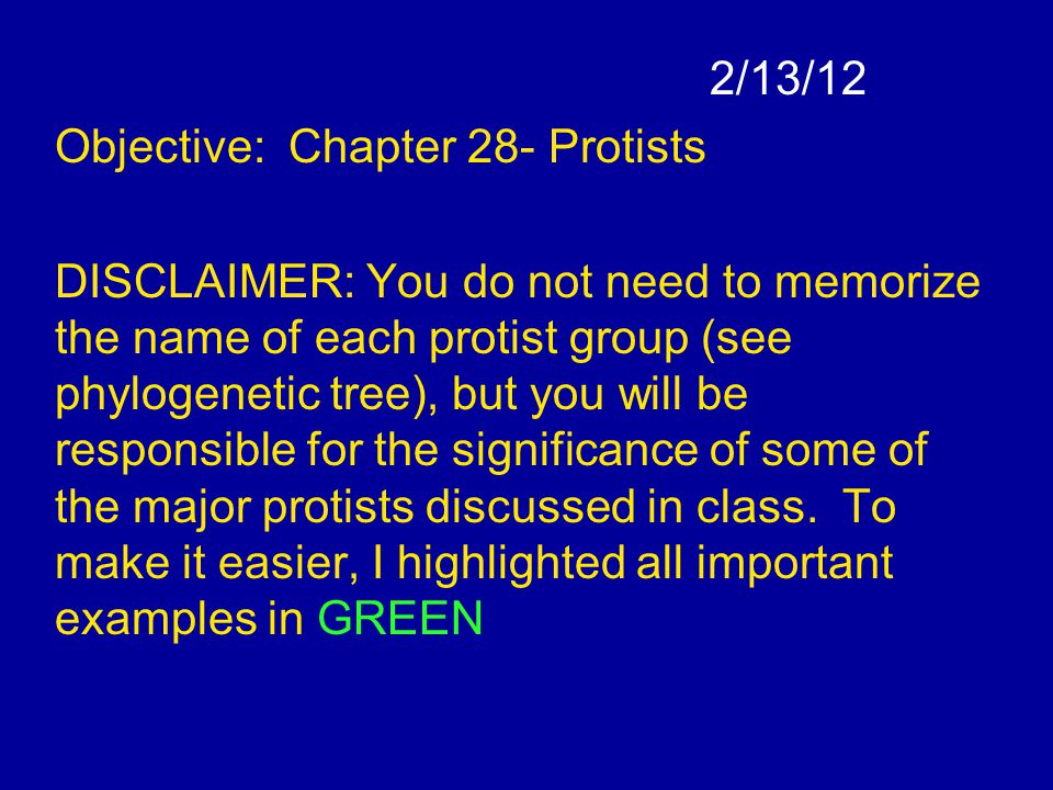 21312 Objective Chapter 28 Protists Disclaimer You Do