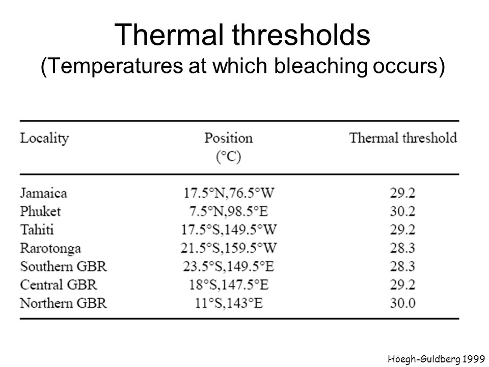 Thermal thresholds (Temperatures at which bleaching occurs) Hoegh-Guldberg 1999
