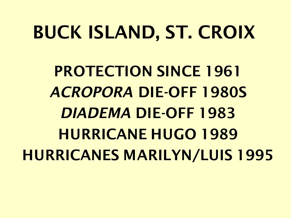 PROTECTION SINCE 1961 ACROPORA DIE-OFF 1980S DIADEMA DIE-OFF 1983 HURRICANE HUGO 1989 HURRICANES MARILYN/LUIS 1995 BUCK ISLAND, ST.