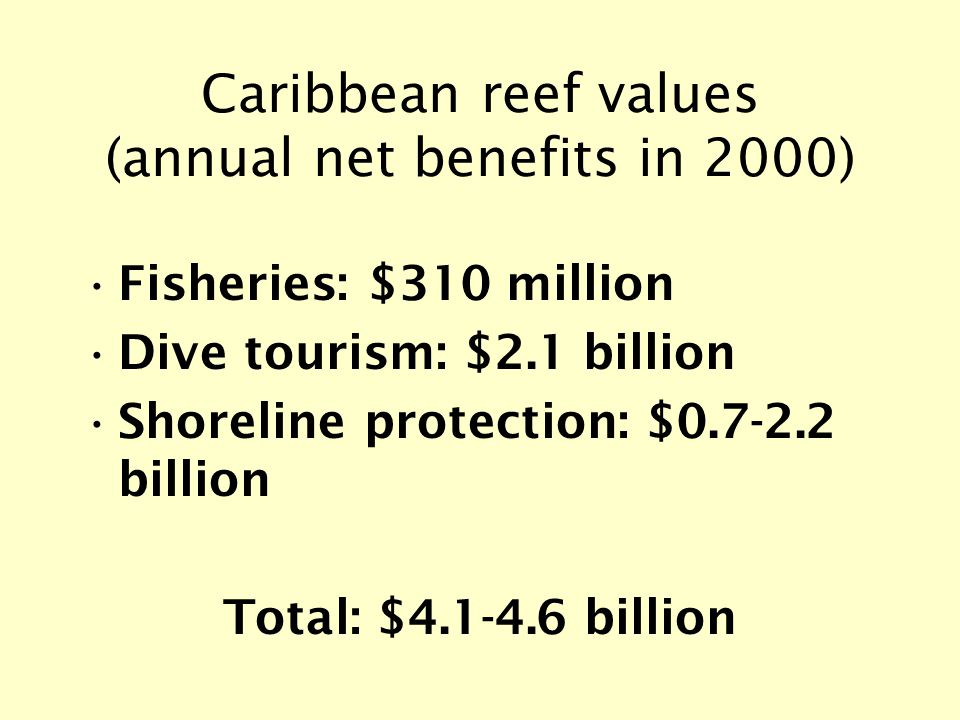 Caribbean reef values (annual net benefits in 2000) Fisheries: $310 million Dive tourism: $2.1 billion Shoreline protection: $ billion Total: $ billion