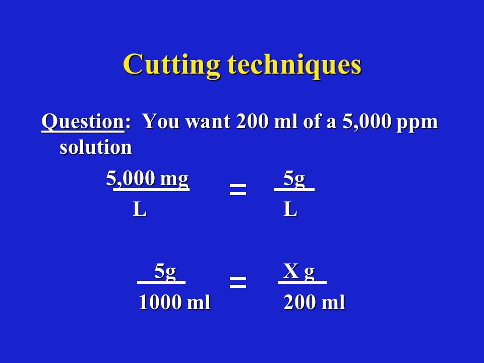 Cutting techniques Question: You want 200 ml of a 5,000 ppm solution 5,000 mg5g 5,000 mg5g LL LL 5g X g 5g X g 1000 ml200 ml