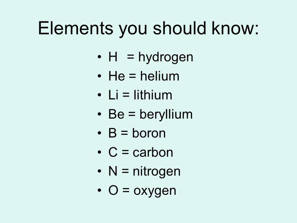 Elements you should know: H= hydrogen He = helium Li = lithium Be = beryllium B = boron C = carbon N = nitrogen O = oxygen