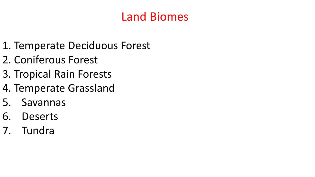 Land Biomes 1. Temperate Deciduous Forest 2. Coniferous Forest 3.