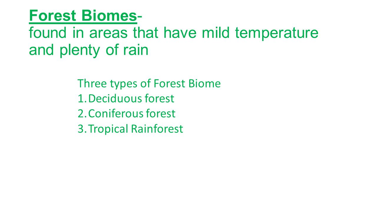 Forest Biomes- found in areas that have mild temperature and plenty of rain Three types of Forest Biome 1.Deciduous forest 2.Coniferous forest 3.Tropical Rainforest