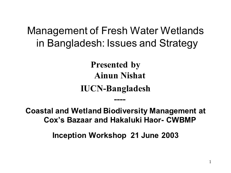 1 Management of Fresh Water Wetlands in Bangladesh: Issues and Strategy Presented by Ainun Nishat IUCN-Bangladesh ---- Coastal and Wetland Biodiversity Management at Cox’s Bazaar and Hakaluki Haor- CWBMP Inception Workshop 21 June 2003
