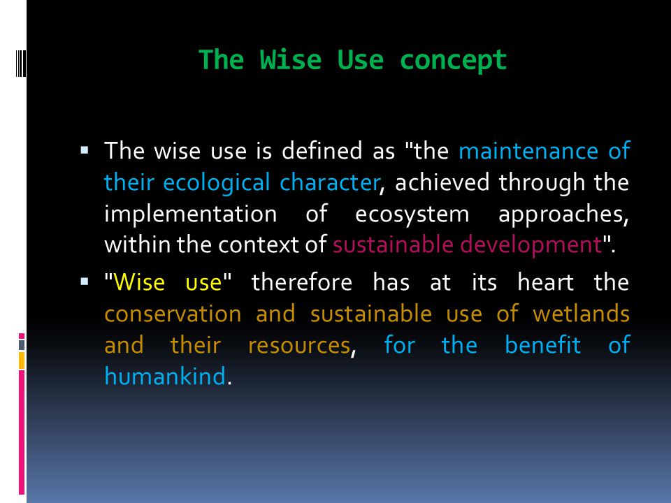 The Wise Use concept  The wise use is defined as the maintenance of their ecological character, achieved through the implementation of ecosystem approaches, within the context of sustainable development .