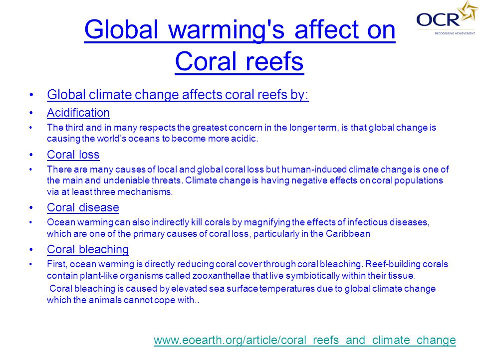 Global warming s affect on Coral reefs Global climate change affects coral reefs by: Acidification The third and in many respects the greatest concern in the longer term, is that global change is causing the world’s oceans to become more acidic.