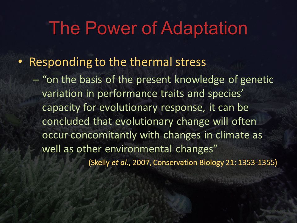 The Power of Adaptation Responding to the thermal stress Responding to the thermal stress – on the basis of the present knowledge of genetic variation in performance traits and species’ capacity for evolutionary response, it can be concluded that evolutionary change will often occur concomitantly with changes in climate as well as other environmental changes (Skelly et al., 2007, Conservation Biology 21: ) (Skelly et al., 2007, Conservation Biology 21: )