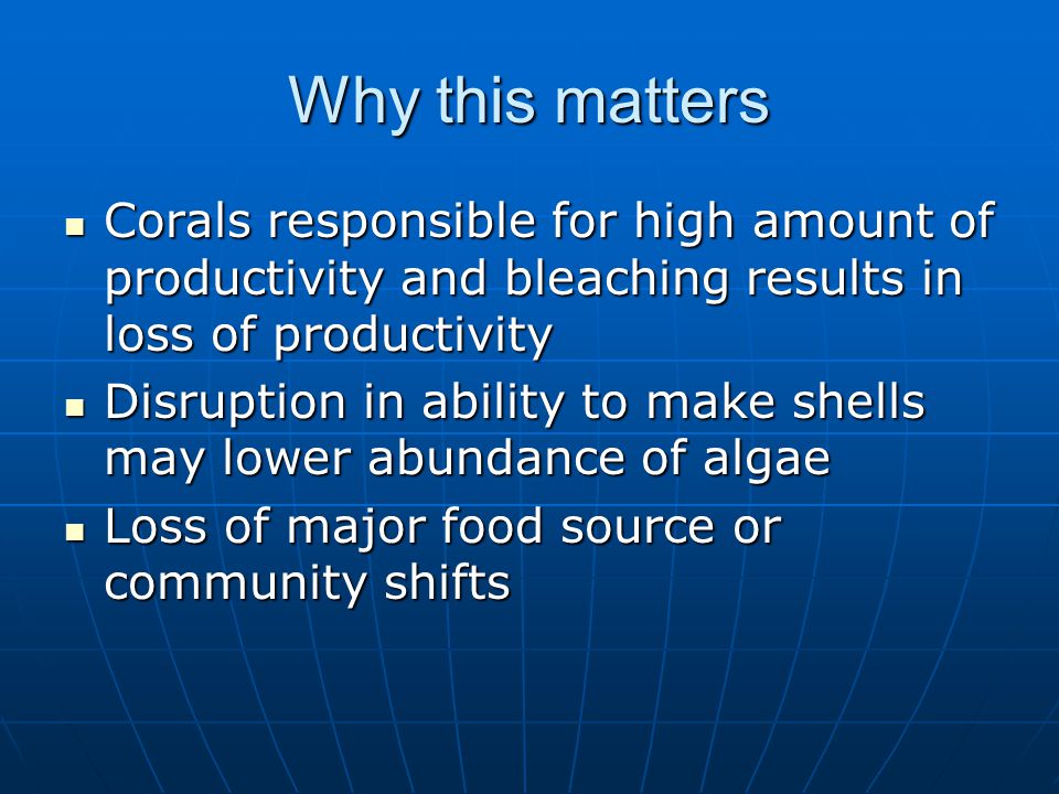 Why this matters Corals responsible for high amount of productivity and bleaching results in loss of productivity Corals responsible for high amount of productivity and bleaching results in loss of productivity Disruption in ability to make shells may lower abundance of algae Disruption in ability to make shells may lower abundance of algae Loss of major food source or community shifts Loss of major food source or community shifts