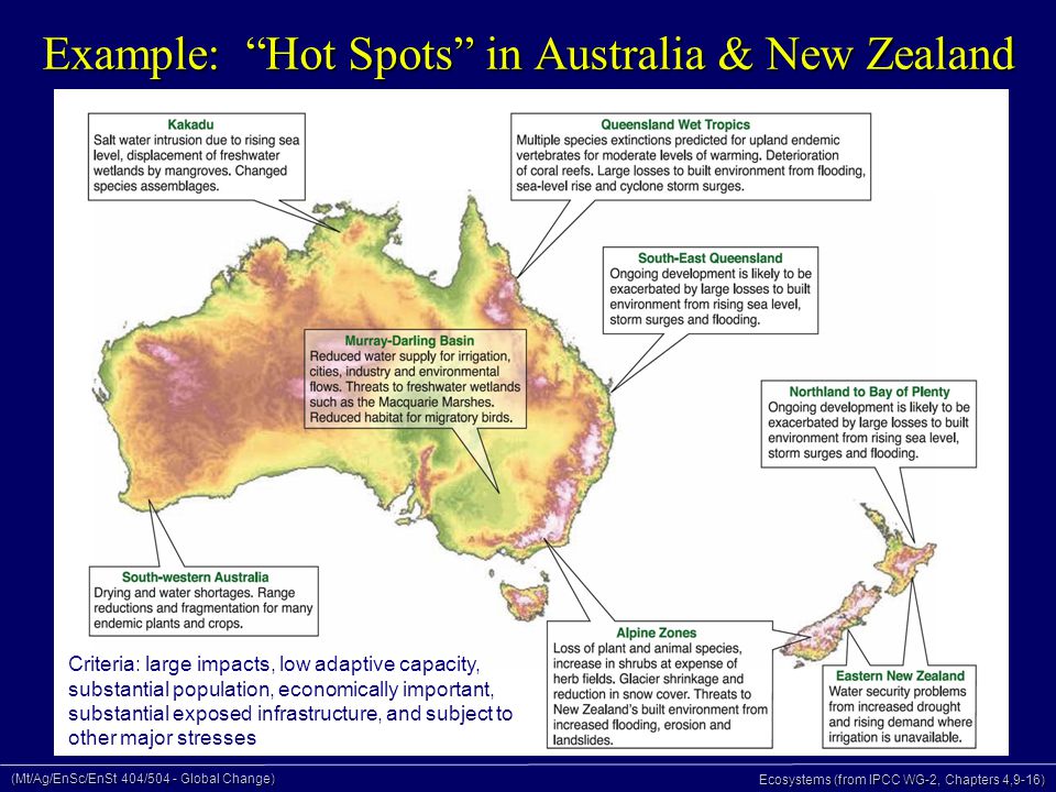 (Mt/Ag/EnSc/EnSt 404/504 - Global Change) Ecosystems (from IPCC WG-2, Chapters 4,9-16) Example: Hot Spots in Australia & New Zealand Criteria: large impacts, low adaptive capacity, substantial population, economically important, substantial exposed infrastructure, and subject to other major stresses