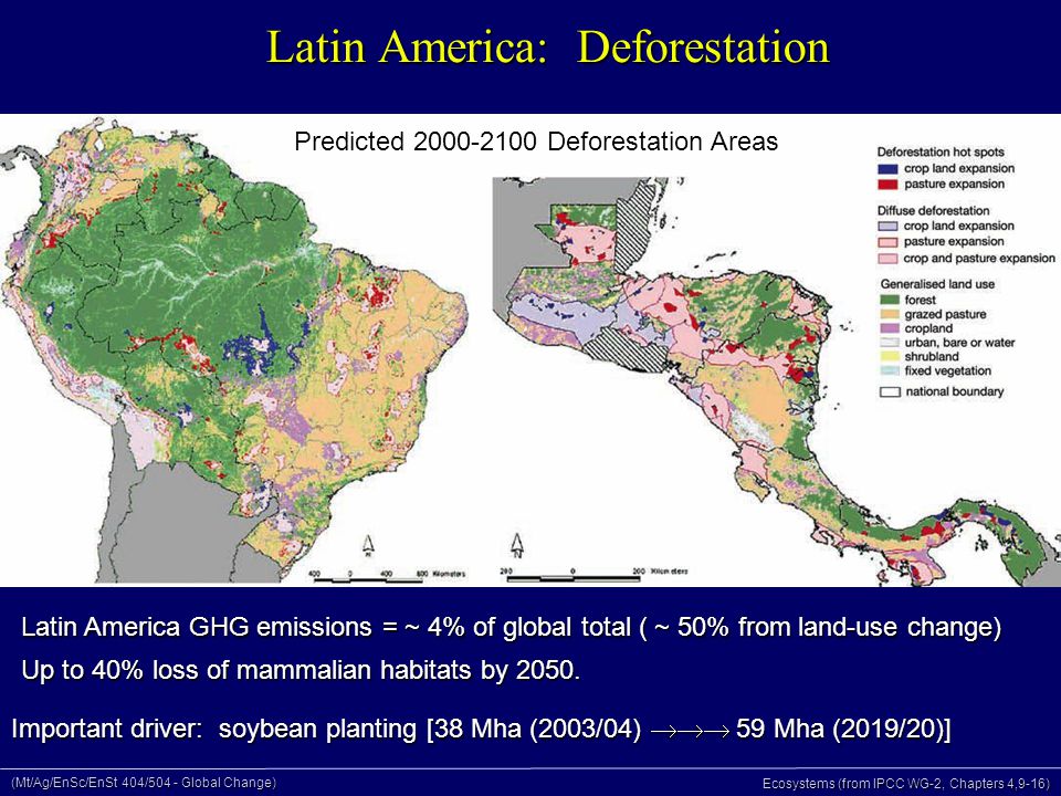 (Mt/Ag/EnSc/EnSt 404/504 - Global Change) Ecosystems (from IPCC WG-2, Chapters 4,9-16) Latin America: Deforestation Predicted Deforestation Areas Latin America GHG emissions = ~ 4% of global total ( ~ 50% from land-use change) Up to 40% loss of mammalian habitats by 2050.