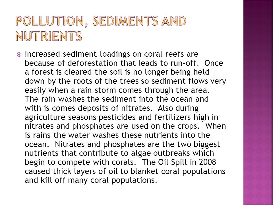  Increased sediment loadings on coral reefs are because of deforestation that leads to run-off.