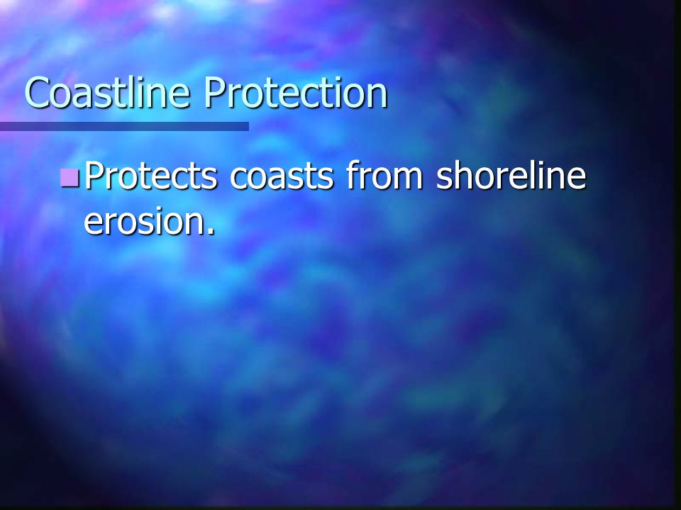 Coastline Protection Protects coasts from shoreline erosion.