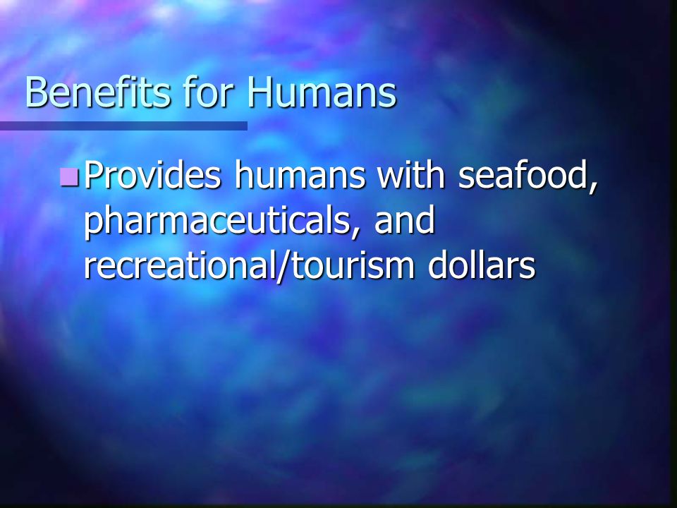 Benefits for Humans Provides humans with seafood, pharmaceuticals, and recreational/tourism dollars Provides humans with seafood, pharmaceuticals, and recreational/tourism dollars