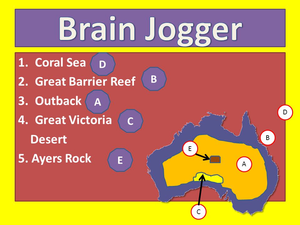 1.Coral Sea 2.Great Barrier Reef 3.Outback 4.Great Victoria Desert 5.