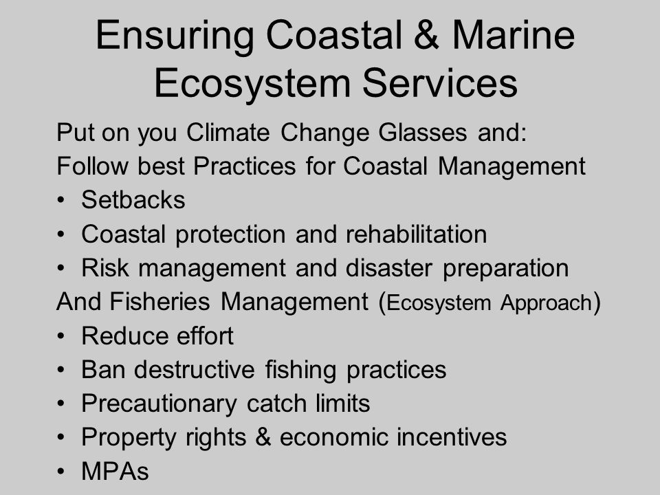 Ensuring Coastal & Marine Ecosystem Services Put on you Climate Change Glasses and: Follow best Practices for Coastal Management Setbacks Coastal protection and rehabilitation Risk management and disaster preparation And Fisheries Management ( Ecosystem Approach ) Reduce effort Ban destructive fishing practices Precautionary catch limits Property rights & economic incentives MPAs