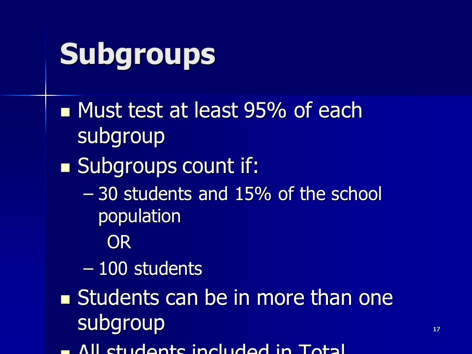 17 Subgroups Must test at least 95% of each subgroup Must test at least 95% of each subgroup Subgroups count if: Subgroups count if: –30 students and 15% of the school population OR –100 students Students can be in more than one subgroup Students can be in more than one subgroup All students included in Total All students included in Total