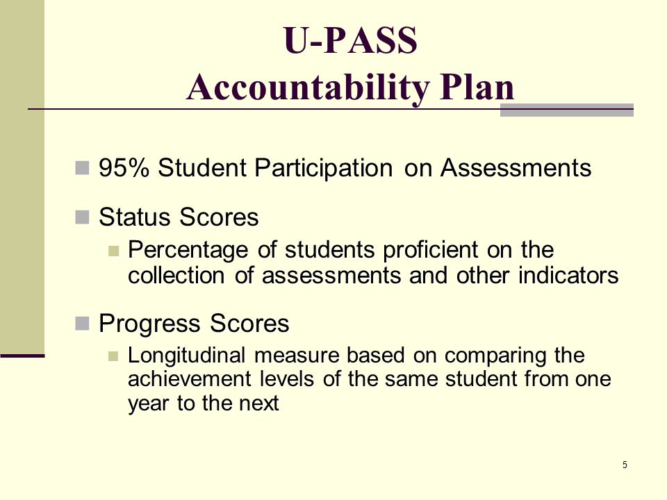 5 U-PASS Accountability Plan 95% Student Participation on Assessments 95% Student Participation on Assessments Status Scores Status Scores Percentage of students proficient on the collection of assessments and other indicators Percentage of students proficient on the collection of assessments and other indicators Progress Scores Progress Scores Longitudinal measure based on comparing the achievement levels of the same student from one year to the next Longitudinal measure based on comparing the achievement levels of the same student from one year to the next