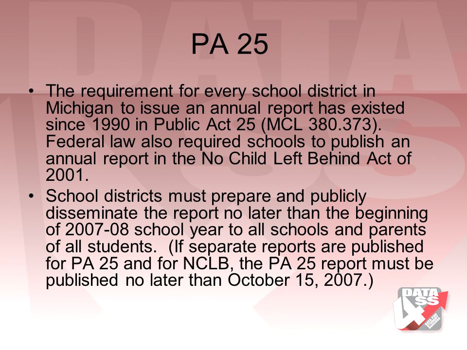 PA 25 The requirement for every school district in Michigan to issue an annual report has existed since 1990 in Public Act 25 (MCL ).