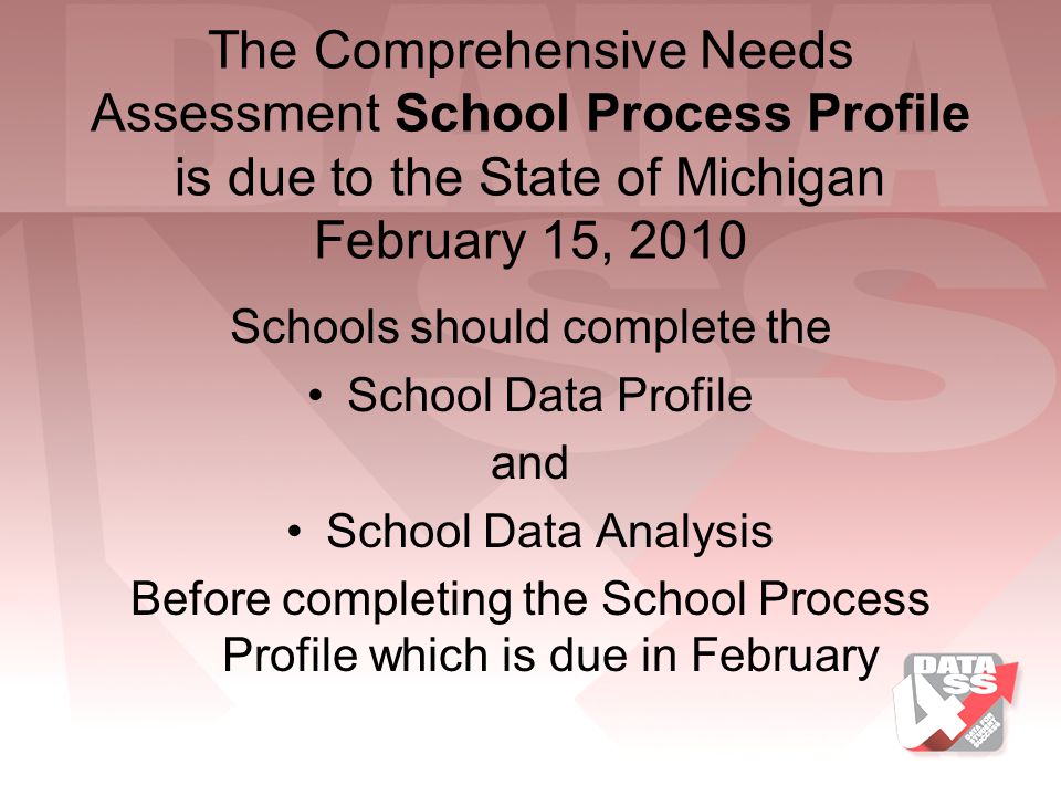 The Comprehensive Needs Assessment School Process Profile is due to the State of Michigan February 15, 2010 Schools should complete the School Data Profile and School Data Analysis Before completing the School Process Profile which is due in February