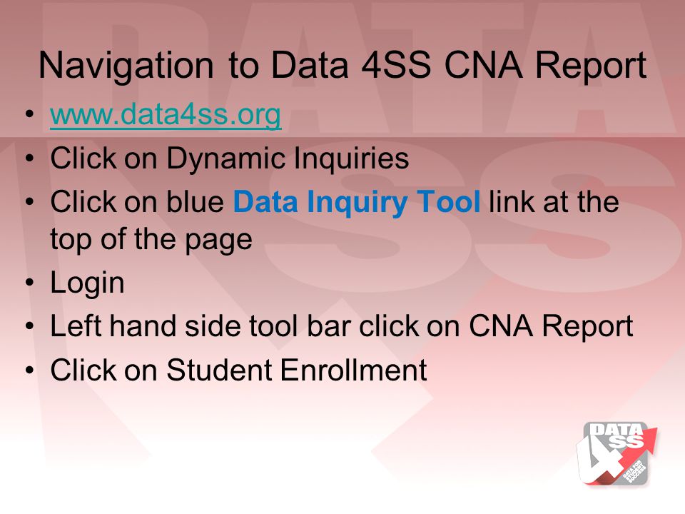 Navigation to Data 4SS CNA Report   Click on Dynamic Inquiries Click on blue Data Inquiry Tool link at the top of the page Login Left hand side tool bar click on CNA Report Click on Student Enrollment