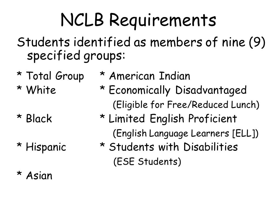 NCLB Requirements Students identified as members of nine (9) specified groups: * Total Group* American Indian * White* Economically Disadvantaged (Eligible for Free/Reduced Lunch) * Black* Limited English Proficient (English Language Learners [ELL]) * Hispanic* Students with Disabilities (ESE Students) * Asian