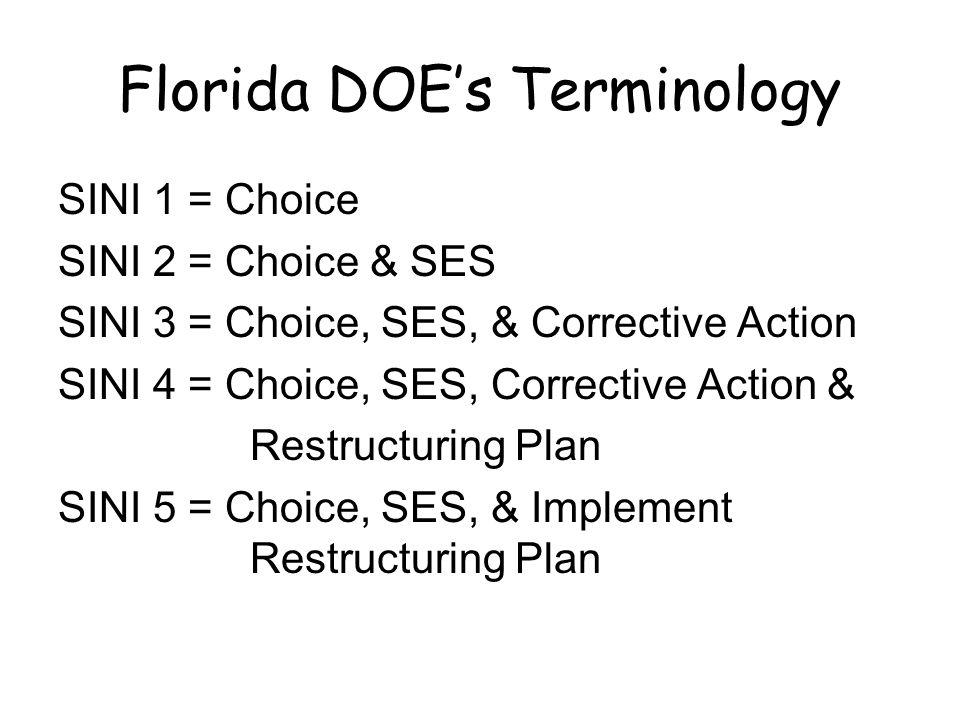 Florida DOE’s Terminology SINI 1 = Choice SINI 2 = Choice & SES SINI 3 = Choice, SES, & Corrective Action SINI 4 = Choice, SES, Corrective Action & Restructuring Plan SINI 5 = Choice, SES, & Implement Restructuring Plan