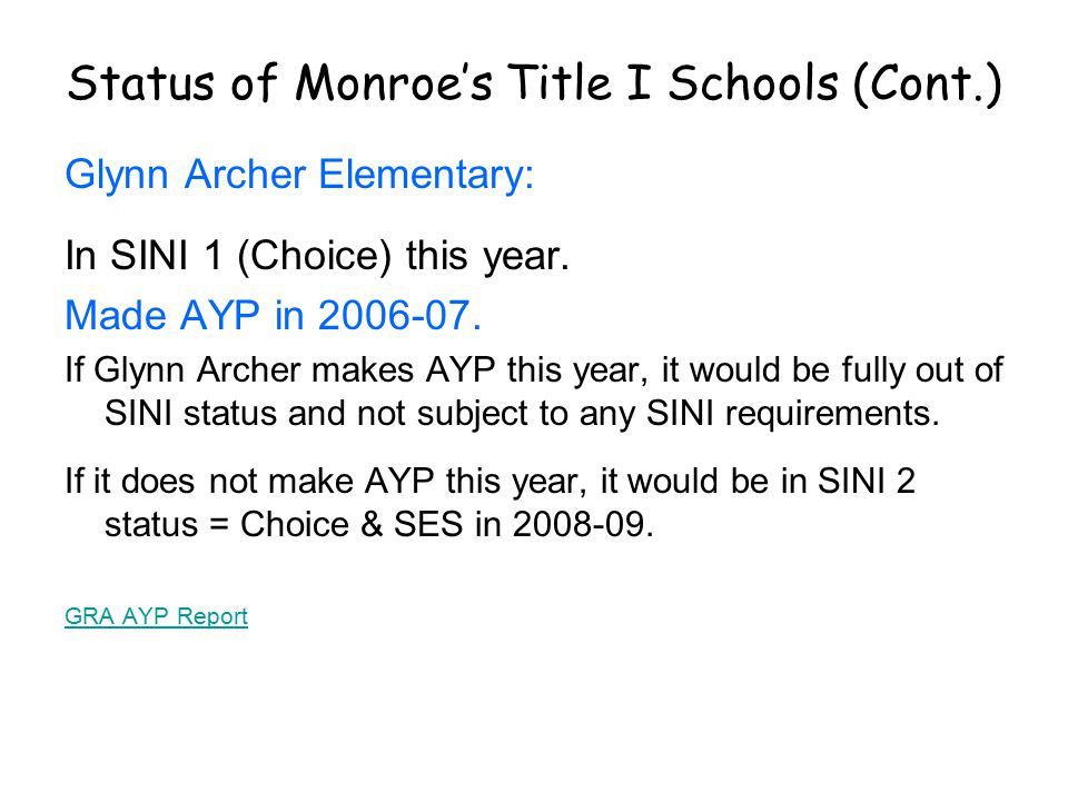 Status of Monroe’s Title I Schools (Cont.) Glynn Archer Elementary: In SINI 1 (Choice) this year.