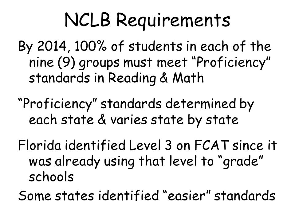 NCLB Requirements By 2014, 100% of students in each of the nine (9) groups must meet Proficiency standards in Reading & Math Proficiency standards determined by each state & varies state by state Florida identified Level 3 on FCAT since it was already using that level to grade schools Some states identified easier standards