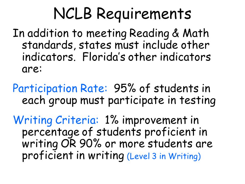 NCLB Requirements In addition to meeting Reading & Math standards, states must include other indicators.