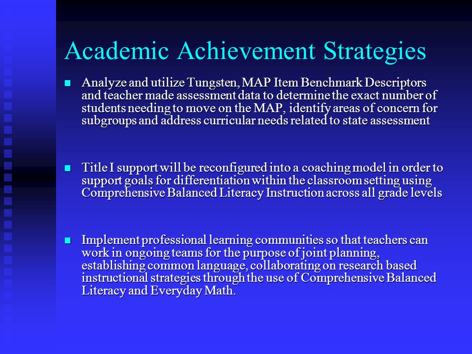Academic Achievement Strategies Analyze and utilize Tungsten, MAP Item Benchmark Descriptors and teacher made assessment data to determine the exact number of students needing to move on the MAP, identify areas of concern for subgroups and address curricular needs related to state assessment Analyze and utilize Tungsten, MAP Item Benchmark Descriptors and teacher made assessment data to determine the exact number of students needing to move on the MAP, identify areas of concern for subgroups and address curricular needs related to state assessment Title I support will be reconfigured into a coaching model in order to support goals for differentiation within the classroom setting using Comprehensive Balanced Literacy Instruction across all grade levels Title I support will be reconfigured into a coaching model in order to support goals for differentiation within the classroom setting using Comprehensive Balanced Literacy Instruction across all grade levels Implement professional learning communities so that teachers can work in ongoing teams for the purpose of joint planning, establishing common language, collaborating on research based instructional strategies through the use of Comprehensive Balanced Literacy and Everyday Math.