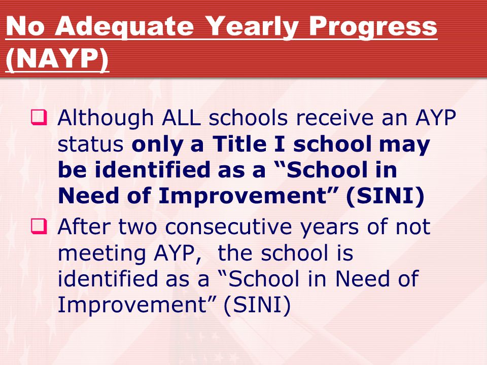 No Adequate Yearly Progress (NAYP)  Although ALL schools receive an AYP status only a Title I school may be identified as a School in Need of Improvement (SINI)  After two consecutive years of not meeting AYP, the school is identified as a School in Need of Improvement (SINI)