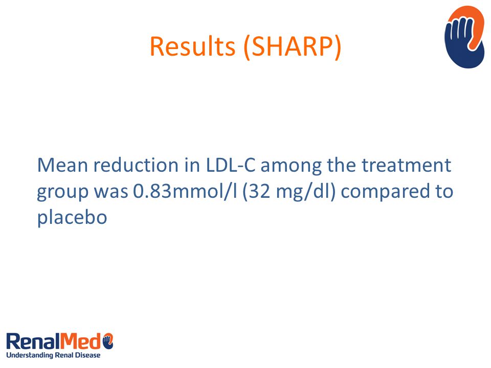 Results (SHARP) Mean reduction in LDL-C among the treatment group was 0.83mmol/l (32 mg/dl) compared to placebo
