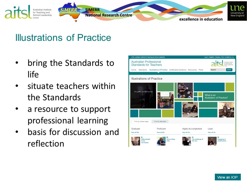 bring the Standards to life situate teachers within the Standards a resource to support professional learning basis for discussion and reflection Illustrations of Practice View an IOP