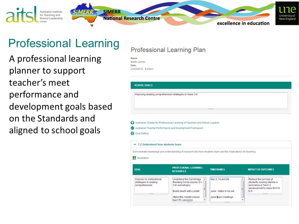 A professional learning planner to support teacher’s meet performance and development goals based on the Standards and aligned to school goals Professional Learning