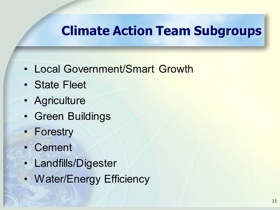 11 Climate Action Team Subgroups Local Government/Smart Growth State Fleet Agriculture Green Buildings Forestry Cement Landfills/Digester Water/Energy Efficiency