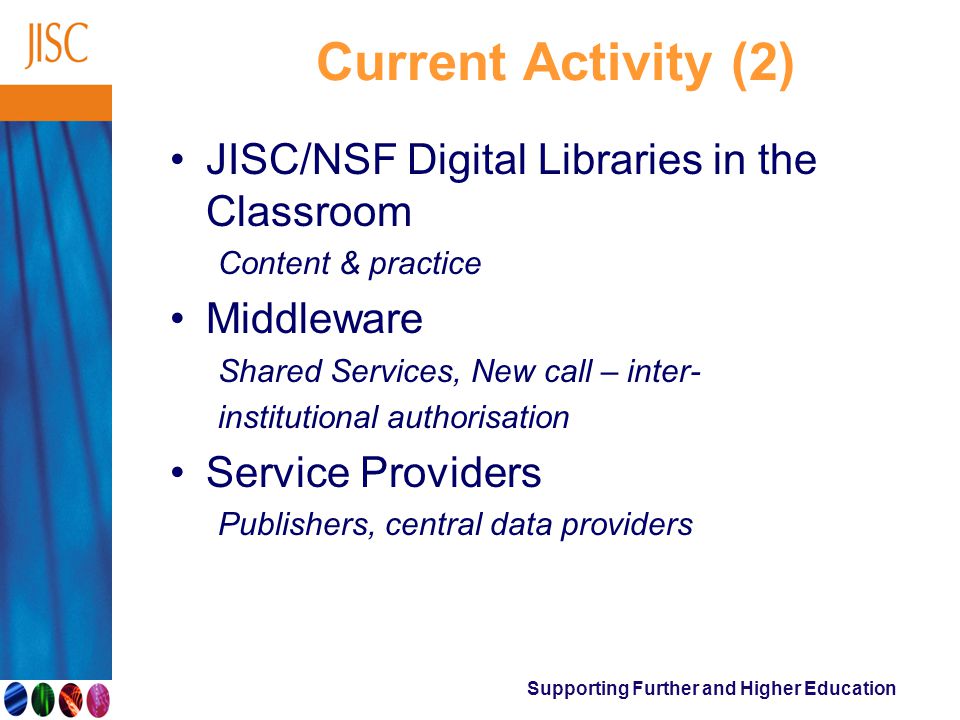 Supporting Further and Higher Education Current Activity (2) JISC/NSF Digital Libraries in the Classroom Content & practice Middleware Shared Services, New call – inter- institutional authorisation Service Providers Publishers, central data providers
