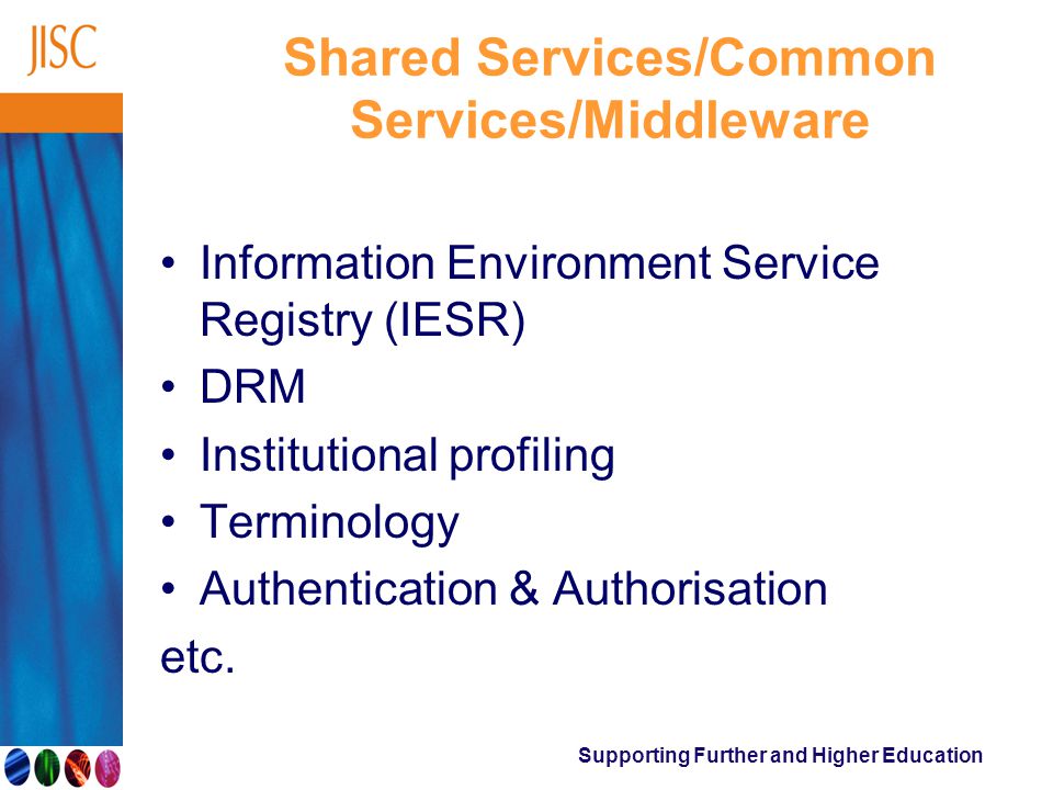 Supporting Further and Higher Education Shared Services/Common Services/Middleware Information Environment Service Registry (IESR) DRM Institutional profiling Terminology Authentication & Authorisation etc.