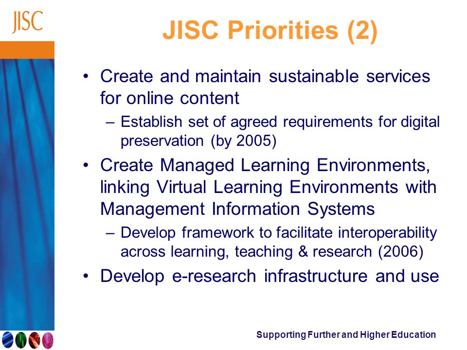 Supporting Further and Higher Education JISC Priorities (2) Create and maintain sustainable services for online content –Establish set of agreed requirements for digital preservation (by 2005) Create Managed Learning Environments, linking Virtual Learning Environments with Management Information Systems –Develop framework to facilitate interoperability across learning, teaching & research (2006) Develop e-research infrastructure and use