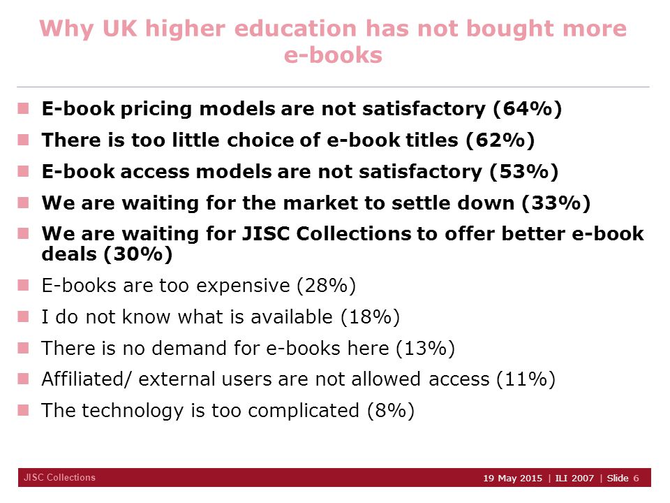 JISC Collections 19 May 2015 | ILI 2007 | Slide 6 Why UK higher education has not bought more e-books E-book pricing models are not satisfactory (64%) There is too little choice of e-book titles (62%) E-book access models are not satisfactory (53%) We are waiting for the market to settle down (33%) We are waiting for JISC Collections to offer better e-book deals (30%) E-books are too expensive (28%) I do not know what is available (18%) There is no demand for e-books here (13%) Affiliated/ external users are not allowed access (11%) The technology is too complicated (8%)
