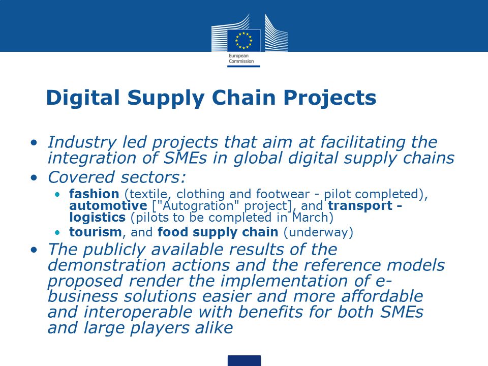 Industry led projects that aim at facilitating the integration of SMEs in global digital supply chains Covered sectors: fashion (textile, clothing and footwear - pilot completed), automotive [ Autogration project], and transport - logistics (pilots to be completed in March) tourism, and food supply chain (underway) The publicly available results of the demonstration actions and the reference models proposed render the implementation of е- business solutions easier and more affordable and interoperable with benefits for both SMEs and large players alike